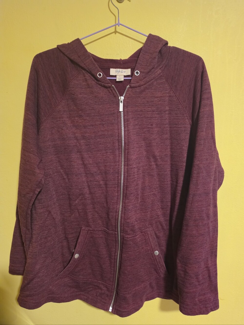 Style & Co Women's Size Large Heather Burgundy Full Zip Hoodie Snap Pockets